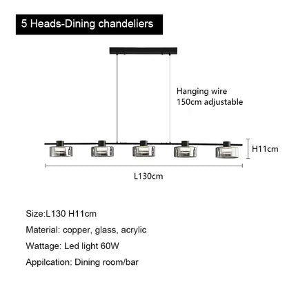 Modern black and chrome glass led chandelier with five adjustable black copper led light heads for living room use