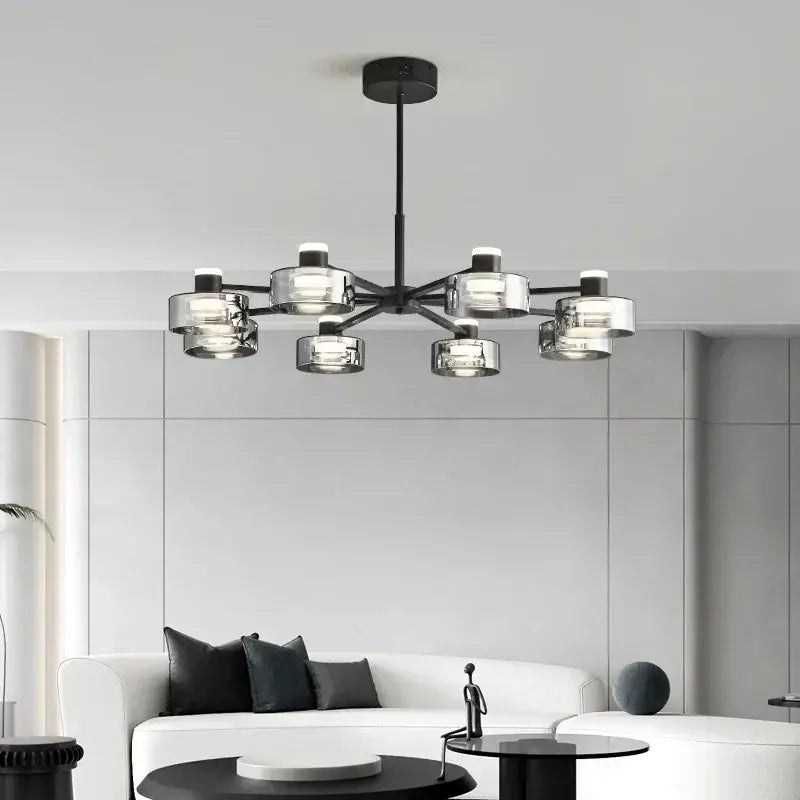 Modern black and chrome glass led chandelier with six cylindrical glass shades for living room lighting