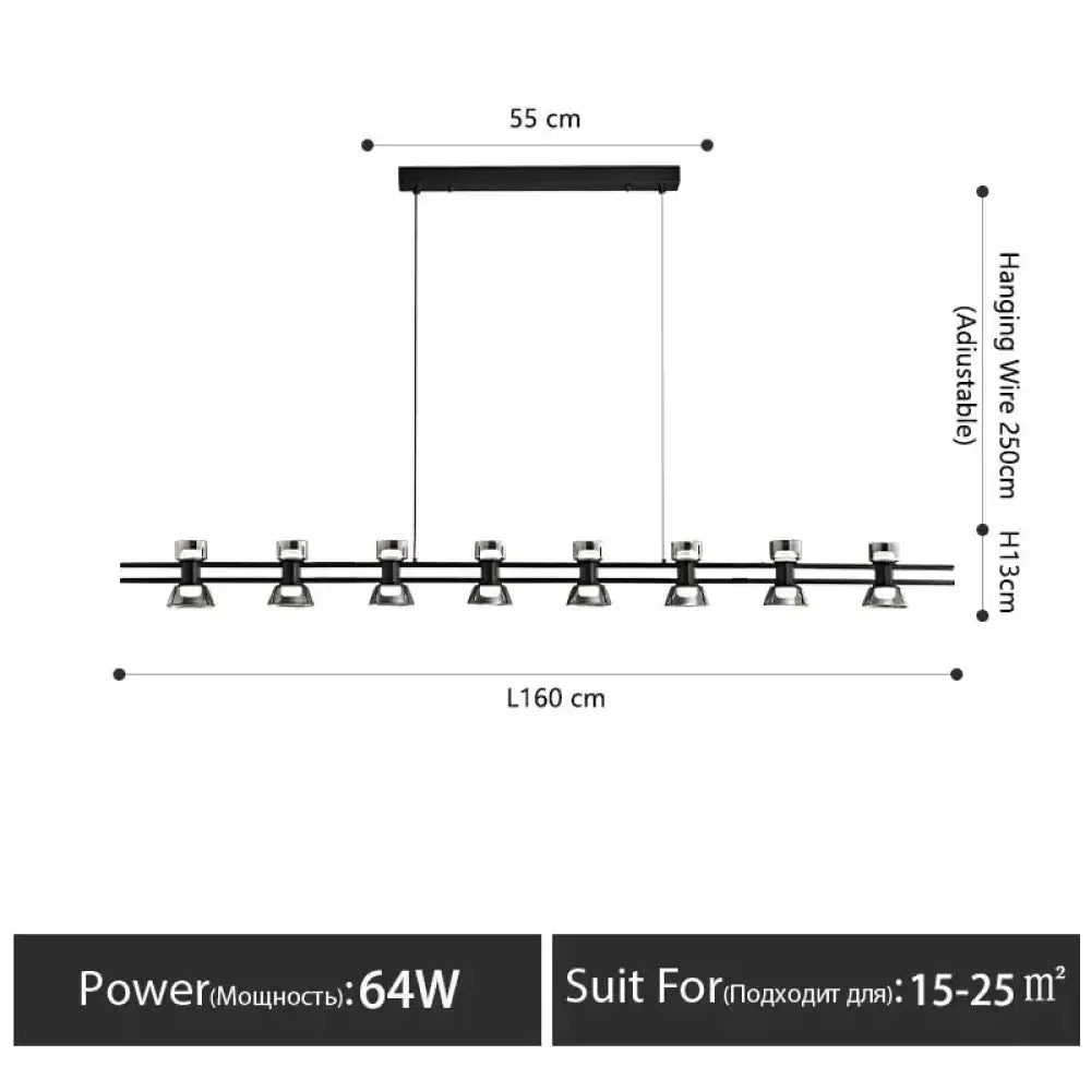 Modern black and chrome linear led strip lamp with ten adjustable spotlights for kitchen island lighting 160 cm length