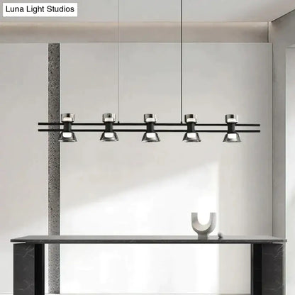 Modern black and chrome linear led strip lamp with five chrome spotlights for kitchen island lighting