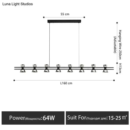 Modern black and chrome linear led strip lamp with ten adjustable spotlights 160 cm for kitchen island lighting