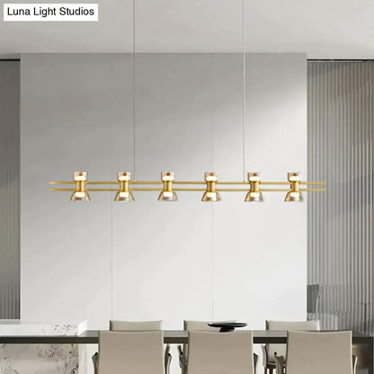 Gold-toned modern pendant led strip lamp with five clear glass shades and a sleek horizontal bar design for kitchen islands