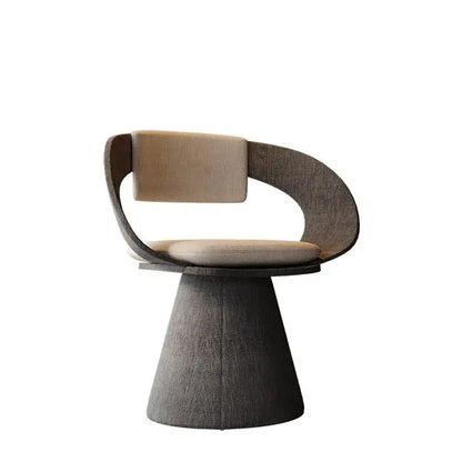Modern black and cream elegant rotating chair with a curved dark wood frame and beige upholstered seat for bedroom use