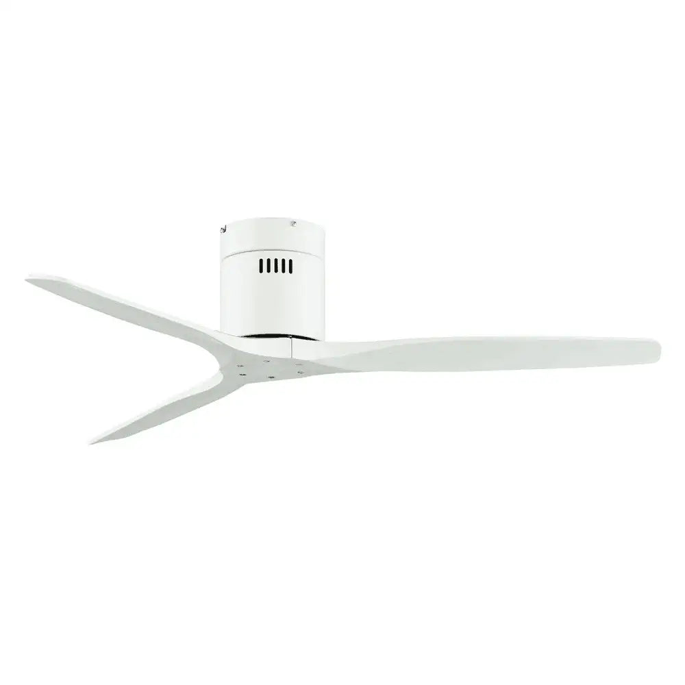 Modern black and dark brown ceiling fan with white sleek wood blades and minimalist motor housing for living room use