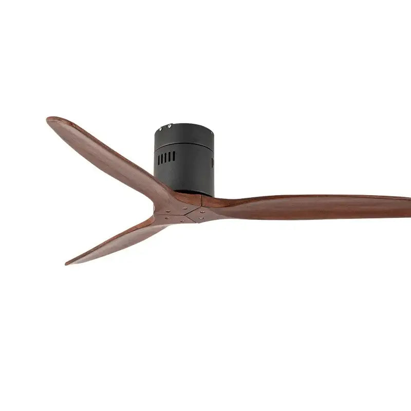Modern ceiling fan with three dark brown wood blades and matte black motor housing for living room use