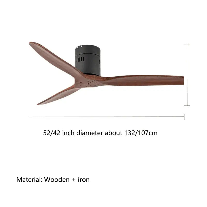 A modern black ceiling fan with three dark brown wood blades and iron motor housing for living room use