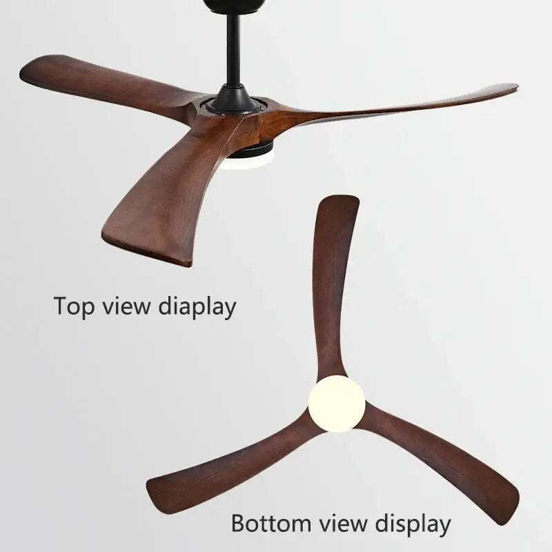 Modern black ceiling fan with three dark brown wooden blades and integrated light for living room lighting wooden ceiling fan