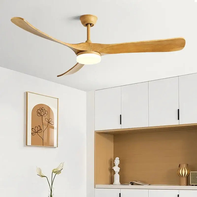 Modern black and dark brown wooden ceiling fan with three curved blades and integrated light fixture for living room use