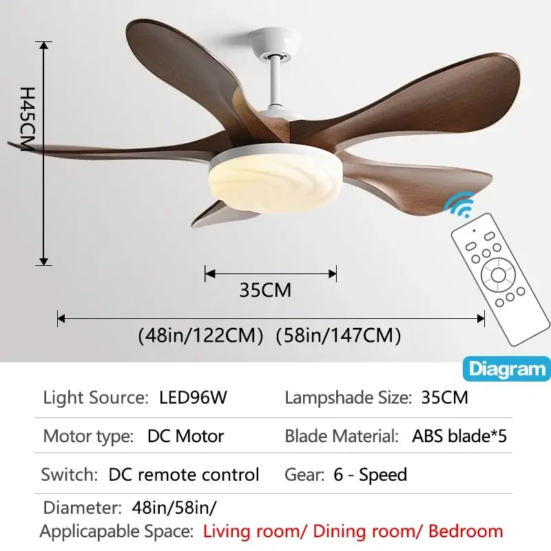 Modern black and dark wood ceiling fan light with five dark wood ABS blades and a white circular fan light fixture for living room