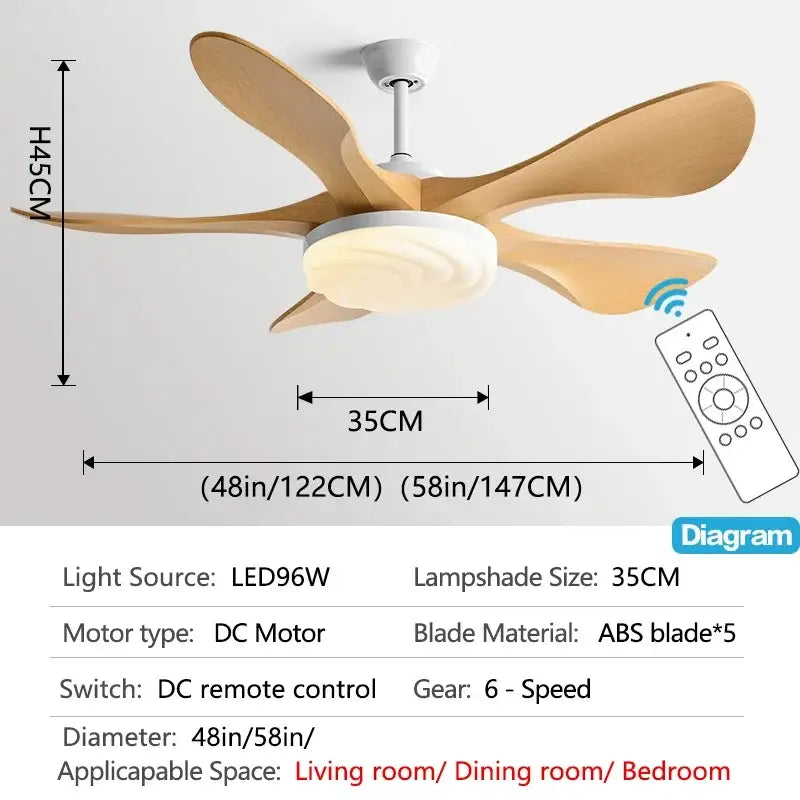 Modern black and dark wood ceiling fan light with five light-colored wooden blades and integrated led lamp for living room
