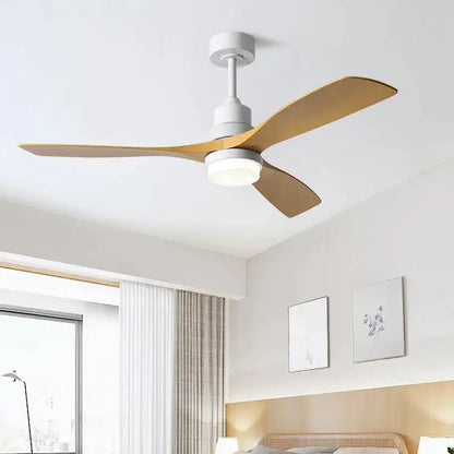 Modern black and dark wood ceiling fan with three light wood blades and integrated 18w led light for bedroom use