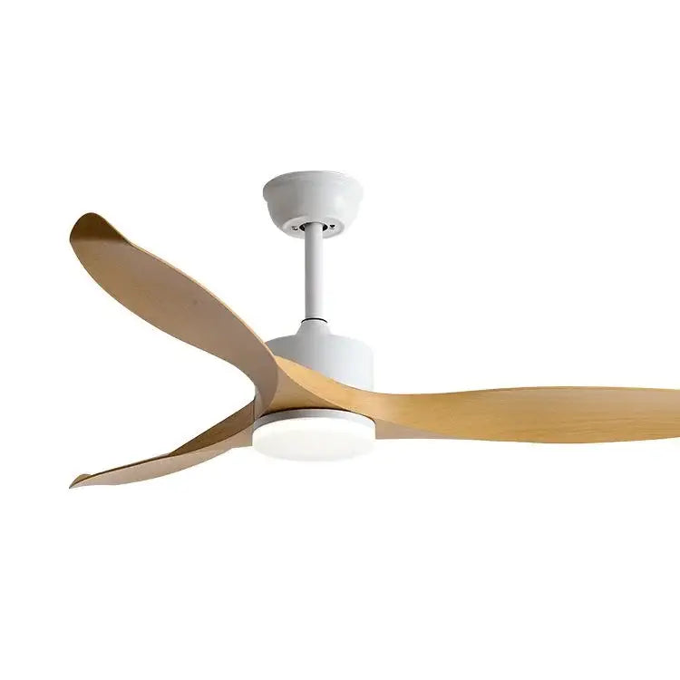 Modern black and dark wood copper dc ceiling fan with three light wooden blades and remote control in living room use
