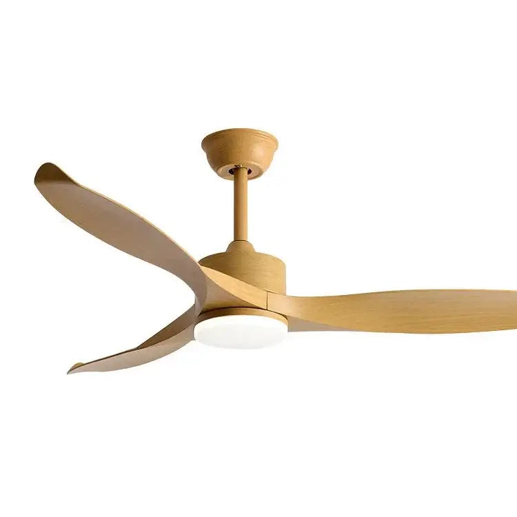 Modern black and dark wood copper dc ceiling fan with three light wood blades and integrated led light with remote control