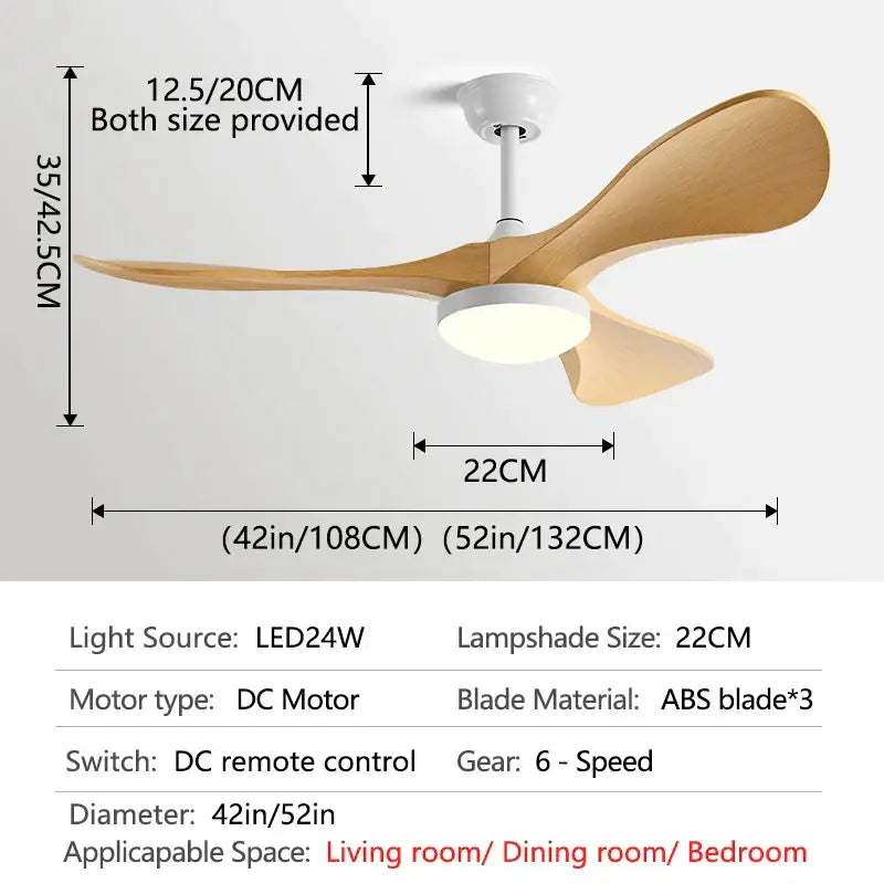Modern led ceiling fan with three light wood blades and white housing featuring integrated led lamp for living room use