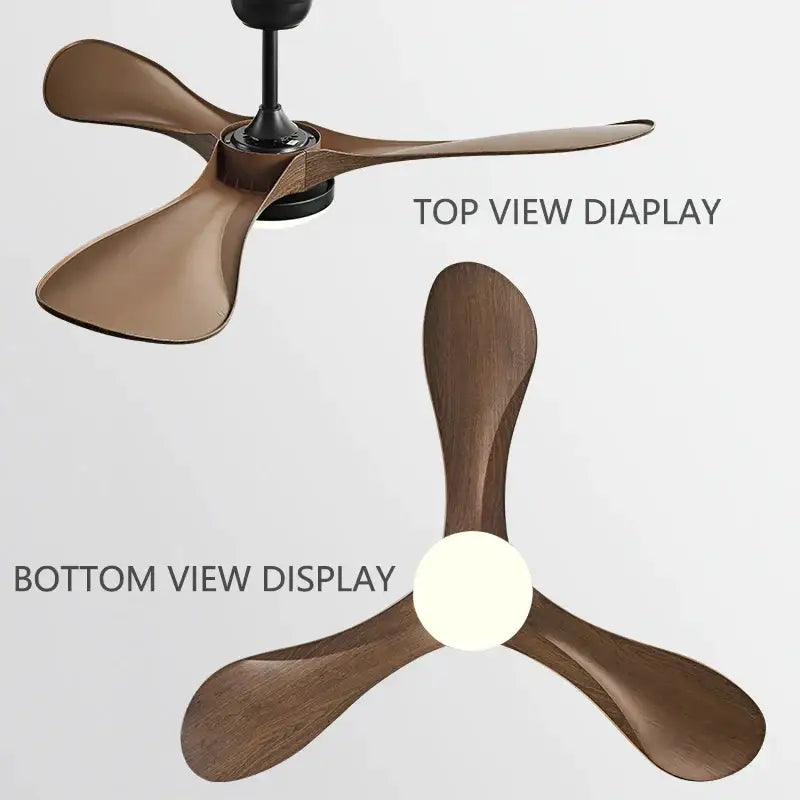 Modern black and dark wood led ceiling fan with three sleek wooden blades and central motor housing for living room use