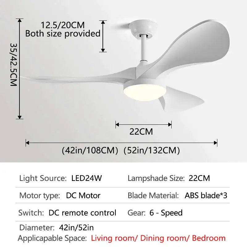 White ceiling fan with three sleek abs blades and integrated led light for modern led ceiling living room use
