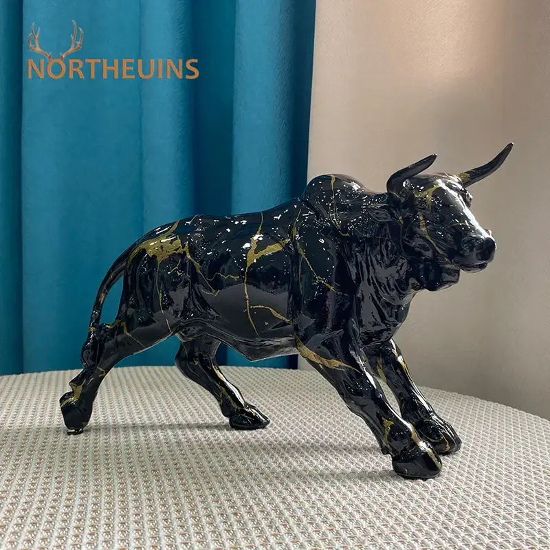 Modern black and gold bull statue ceramic figurine with marble veining decorbites bull statue for living room decor