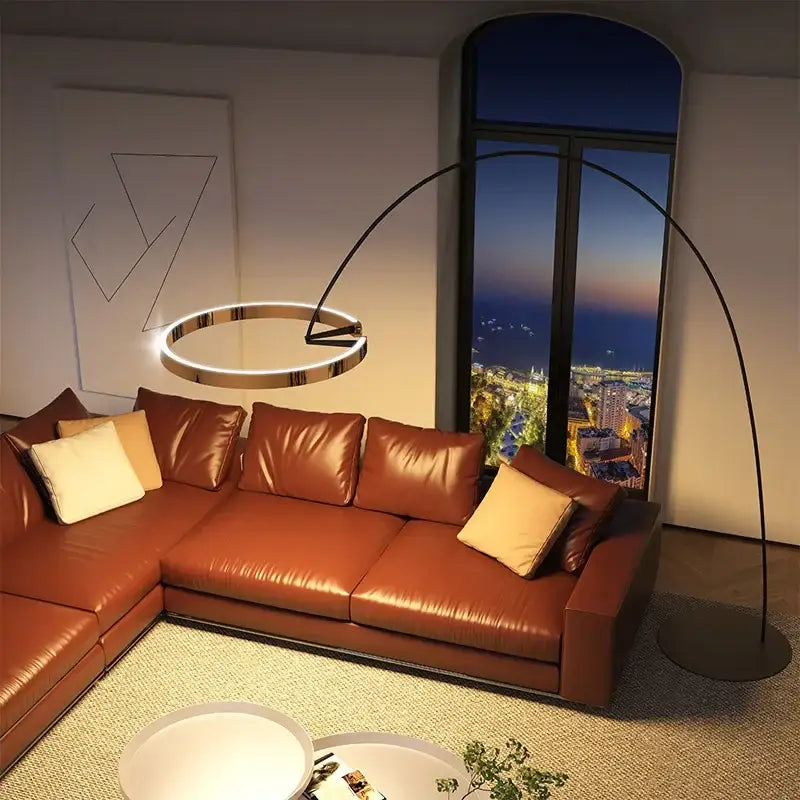 Modern black metal arched floor lamp with decorbites circular luminescence led ring light for living room decor