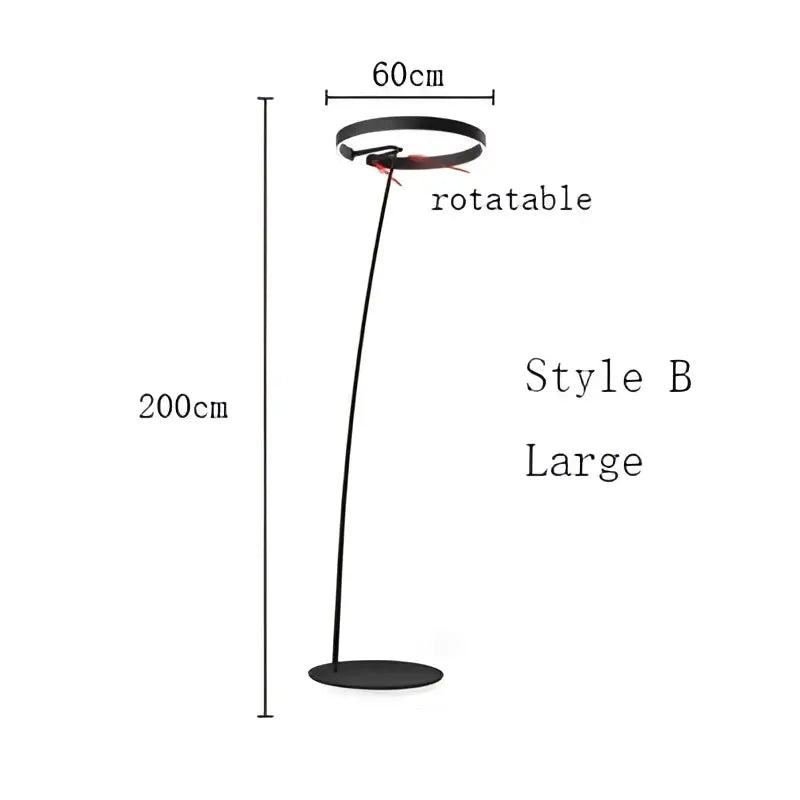 Black metal floor lamp with circular head and slender curved base from decorbites circular luminescence led series