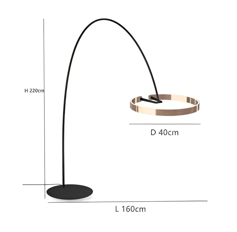 Modern black and gold circular luminescence led floor lamp with arched design and rose gold-toned light fixture for decorbites decor