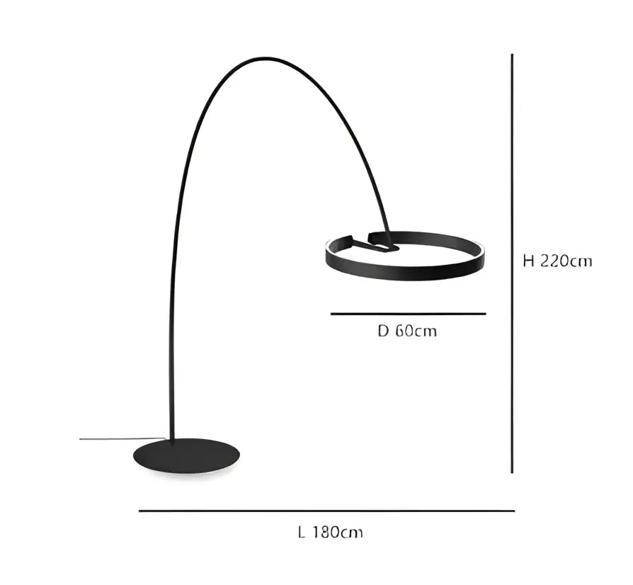 Modern black floor lamp with sleek curved arch and circular base in decorbites circular luminescence led design