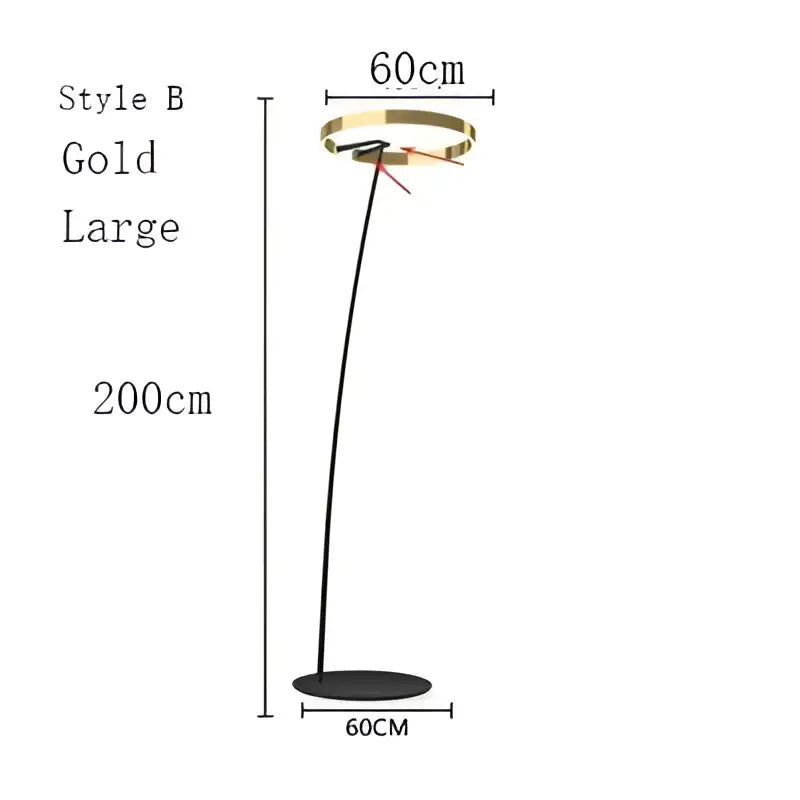 Modern black and gold floor lamp with sleek curved stem and circular head in decorbites circular luminescence led design