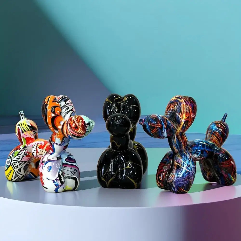 Vibrant balloon dog sculptures with graffiti paint splatters and neon streaks in black and gold for modern decor