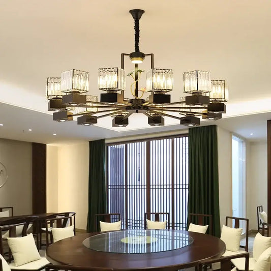 Modern black and gold crystal dining room chandelier with vine design and crystal-encased square lights for decorbites crystal dining