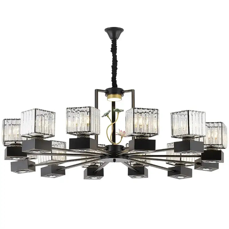 Modern black and gold crystal dining room chandelier with rectangular shades and vine design for decorbites crystal dining