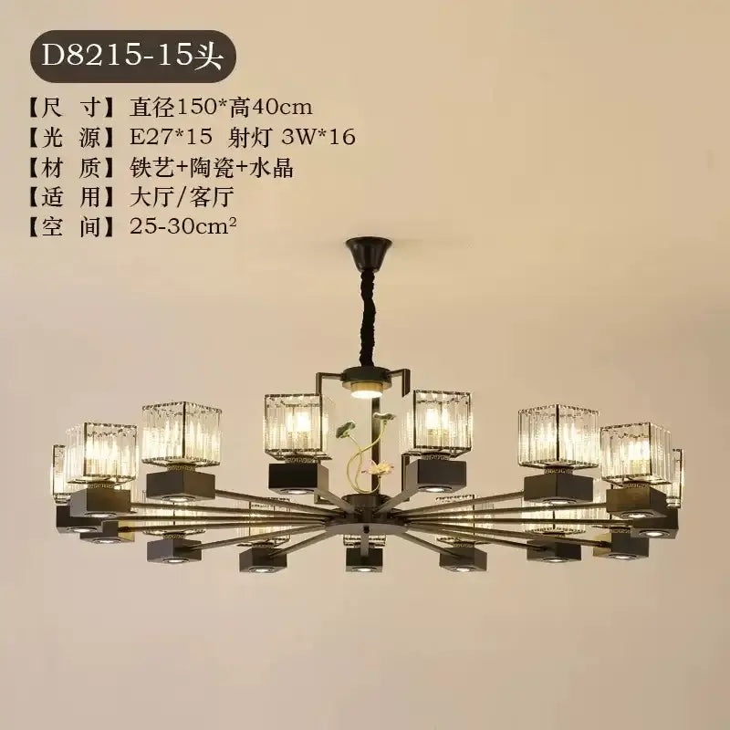 Modern black and gold crystal dining room chandelier with dark metal frame 15 glass candle shades and ceramic accents decorbites crystal dining