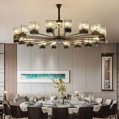 Modern black and gold crystal dining room chandelier with vine design and clear glass cube shades for decorbites crystal dining