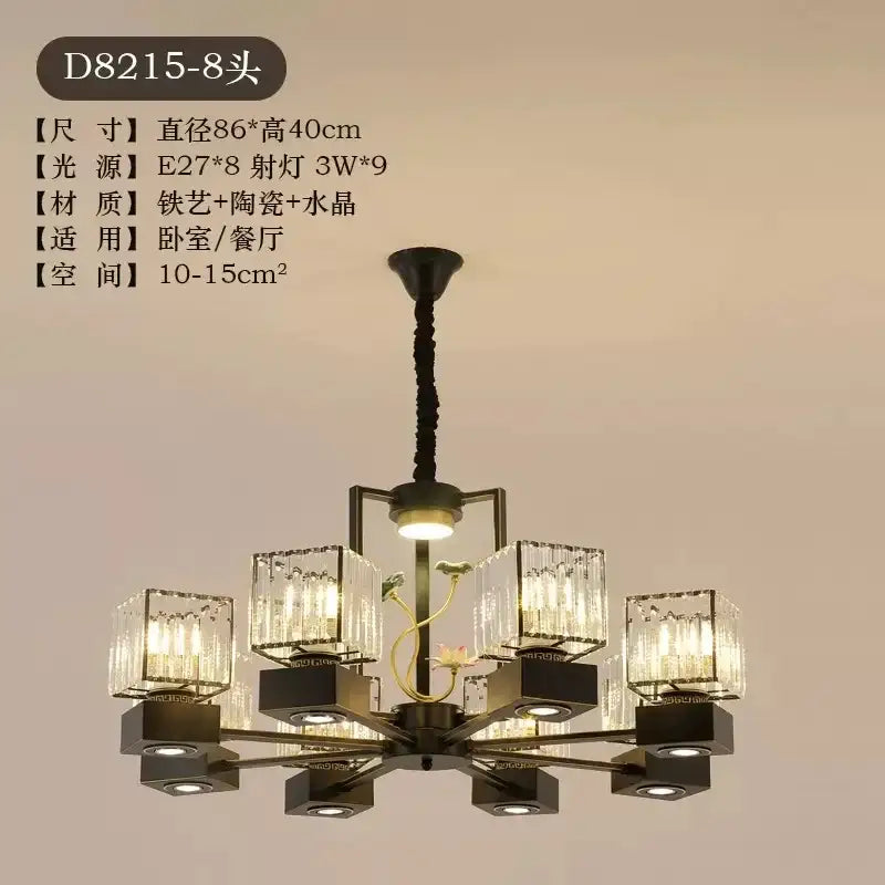 Modern black and gold crystal dining room chandelier with eight wrought iron arms and vine design for decorbites crystal dining