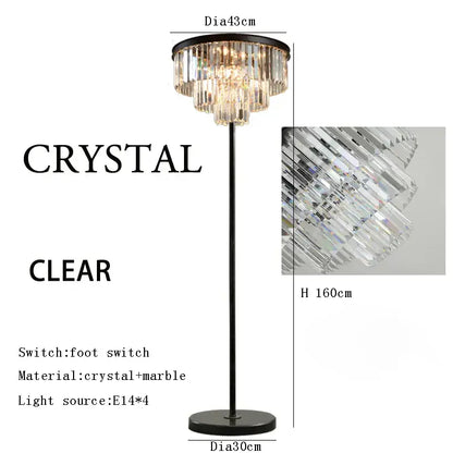 Modern black and gold crystal floor lamp with black marble base and cascading clear crystal prisms for living room decor