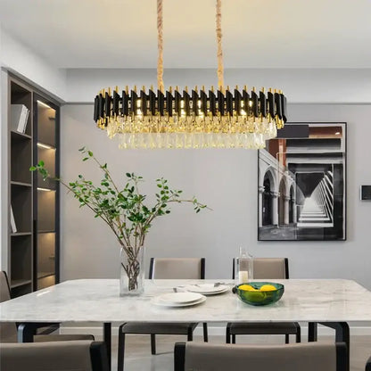 Modern black and gold crystal led pendant chandelier with crystal droplets and braided rope for dining room decorbites crystal led