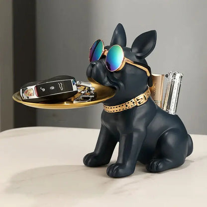 Modern black and gold decorbites bulldog statue with tray holding keys and back slot for pens or lipstick
