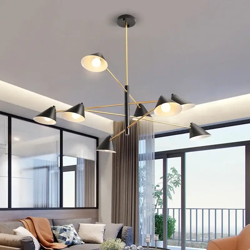 Modern black and gold decorbites cone shade chandelier with multiple conical shades for dining room lighting