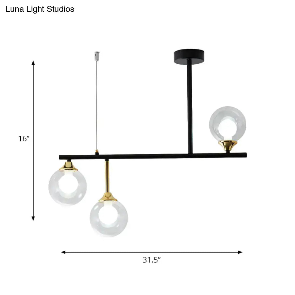 DecorBites modern black and gold glass ball island chandelier with three clear globe bulbs for dining room lighting