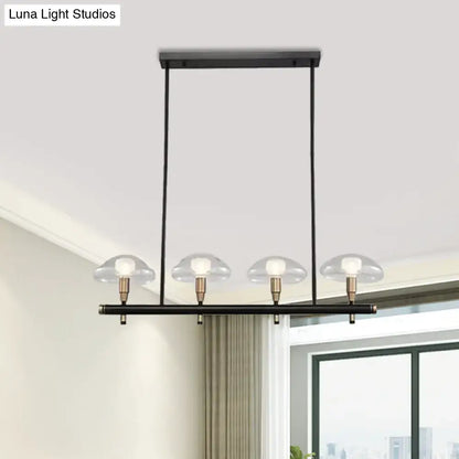 DecorBites™ black metal pendant light with four clear glass shades and brass bulb holders, ideal for restaurants