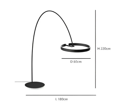 Modern black and gold led floor lamp with a sleek curved arch and circular base for living room use