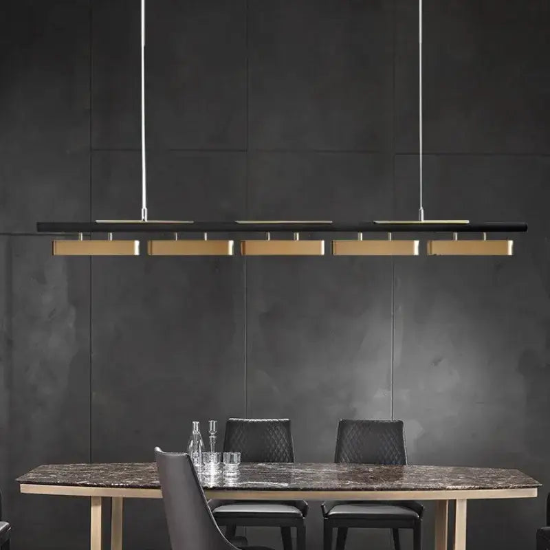 Modern black and gold led strip pendant light with sleek metallic rods for dining room decorbites pendant lights