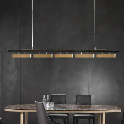 Modern black and gold led strip pendant light with sleek metallic rods for dining room decorbites pendant lights