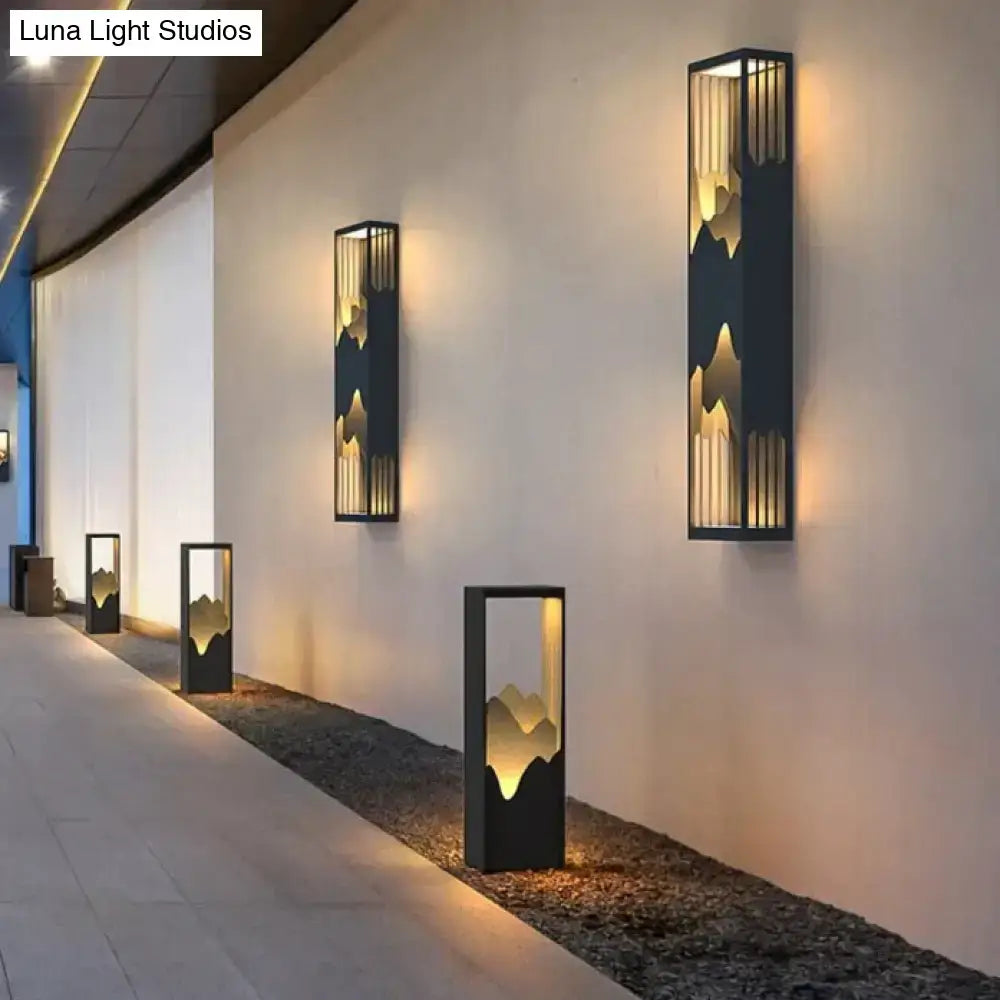 Modern black and gold mountain solar led outdoor light garden sconce with rectangular wall sconces and mountain cutouts