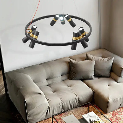 Modern black and gold ring led pendant light featuring cylindrical fixtures for stylish living room decorbites black ring design