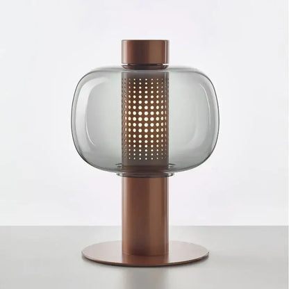 Modern black and gray glass table light with translucent gray glass body and copper metal base for bedroom decorbites table light