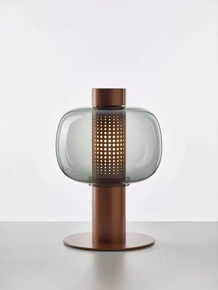 Modern black and gray glass table light with translucent shade and copper cylinder on bronze base for bedroom decorbites glass table light
