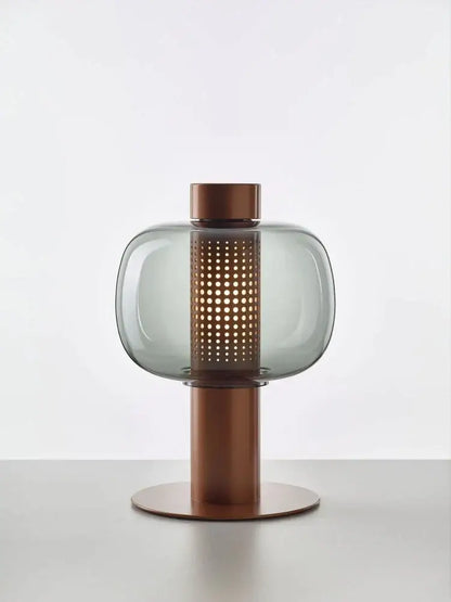 Modern black and gray glass table light with translucent shade and copper cylinder on bronze base for bedroom decorbites glass table light