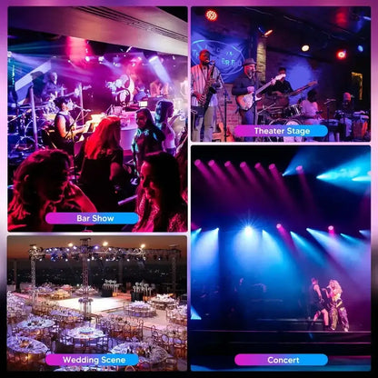 Image collage showing decorbites big dipper black and purple led stage light used in bar, theater, wedding, and concert settings