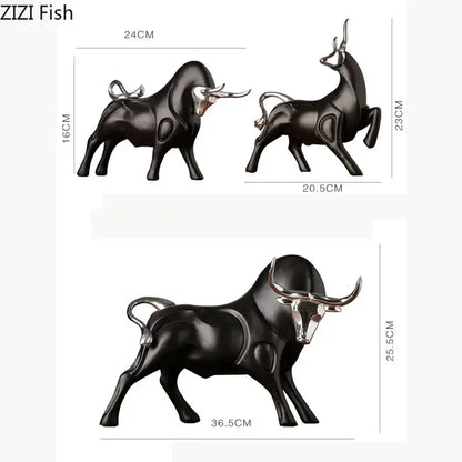 Modern black and silver bull sculpture with polished metallic horns and tails by zizi fish for living room decorbites bull sculpture