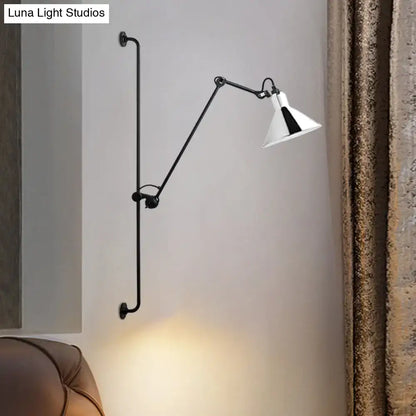 Modern black and white articulated bedroom wall lamp direct wired electric with white conical shade and black accent