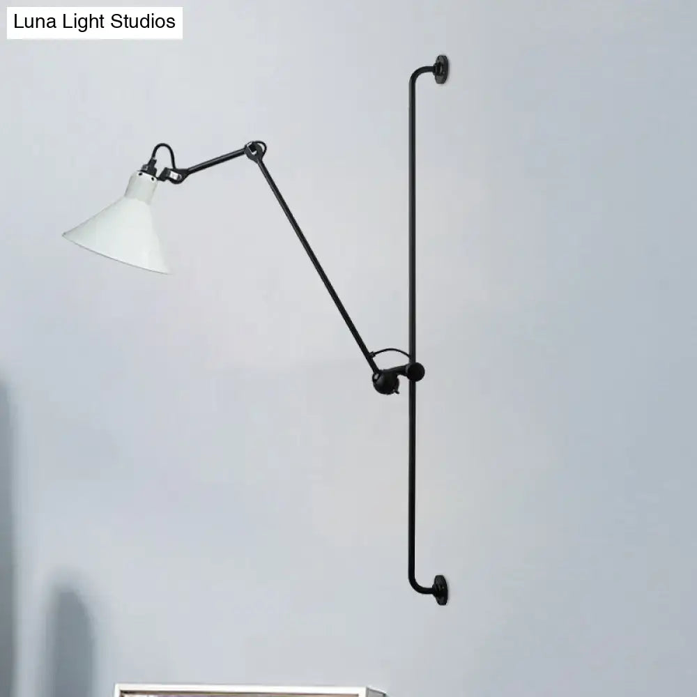Modern black and white articulated bedroom wall lamp with direct wired electric setup and white conical shade